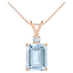 Emerald-Cut 3 ct Aquamarine Solitaire Pendant with Diamond in 18K Rose Gold