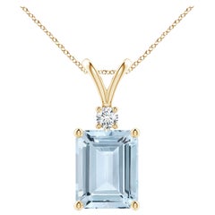 Emerald-Cut 3 ct Aquamarine Solitaire Pendant with Diamond in 14K Yellow Gold