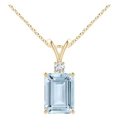 Emerald-Cut 1.35 ct Aquamarine Solitaire Pendant with Diamond in 14K Yellow Gold