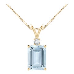Emerald-Cut 1.35 ct Aquamarine Solitaire Pendant with Diamond in 18K Yellow Gold