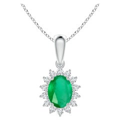 Natural Oval 1.1 ct Emerald Pendant with Diamond Halo in Platinum