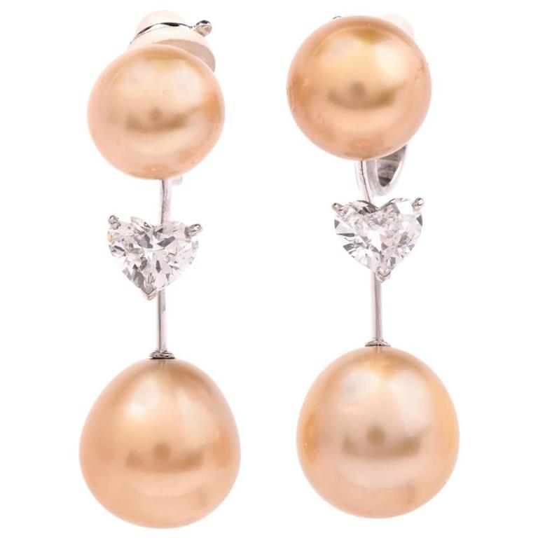 Stunning Golden Pearl 1.36 Carat Heart Diamond ClipOn Drop Earrings