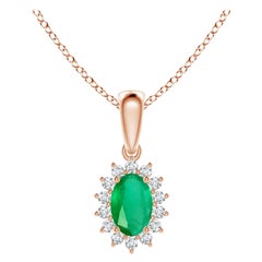 Natural Oval Emerald Pendant with Diamond Halo in 14K Rose Gold