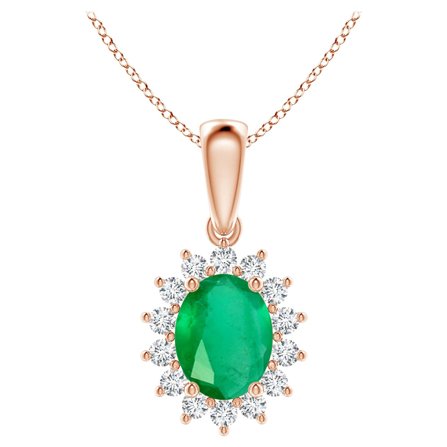 Natural Oval 1.5 ct Emerald Pendant with Diamond Halo in 14K Rose Gold