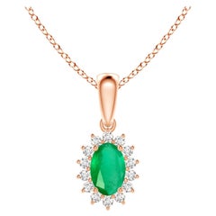 Natural Oval Emerald Pendant with Diamond Halo in 18K Rose Gold