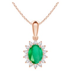 Natural Oval 1.1 ct Emerald Pendant with Diamond Halo in 18K Rose Gold