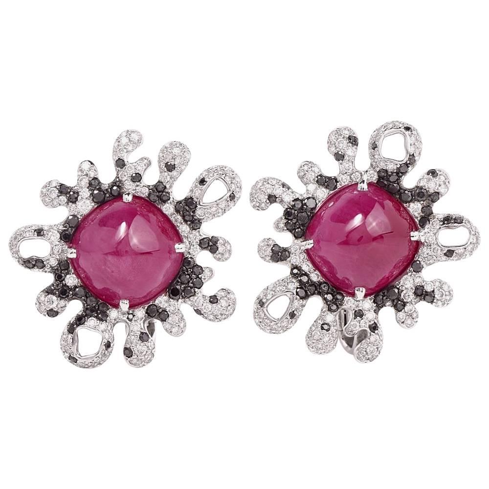 Modern French  Cabochon Ruby Diamond  Earrings