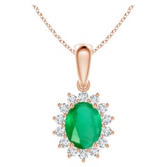 Natural Oval 1.5 ct Emerald Pendant with Diamond Halo in 18K Rose Gold