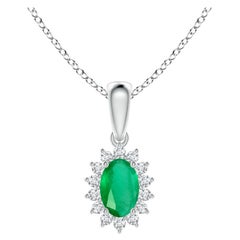 Natural Oval Emerald Pendant with Diamond Halo in 14K White Gold