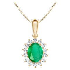 Natural Oval 1.5 ct Emerald Pendant with Diamond Halo in 18K Yellow Gold