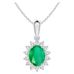 Natural Oval 1.5 ct Emerald Pendant with Diamond Halo in 14K White Gold