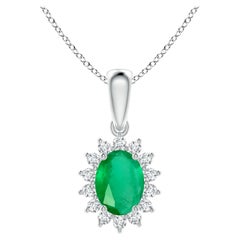 Natural Oval 1.1 ct Emerald Pendant with Diamond Halo in 18K White Gold