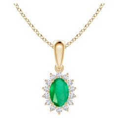 Natural Oval Emerald Pendant with Diamond Halo in 14K Yellow Gold
