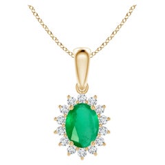 Natural Oval 1.1 ct Emerald Pendant with Diamond Halo in 14K Yellow Gold