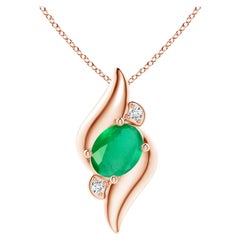 Natural Shell Style Oval 1.1 ct Emerald and Diamond Pendant in 14K Rose Gold