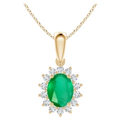 Natural Oval 1.5 ct Emerald Pendant with Diamond Halo in 14K Yellow Gold