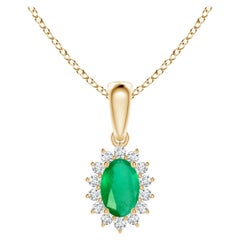 Natural Oval Emerald Pendant with Diamond Halo in 18K Yellow Gold