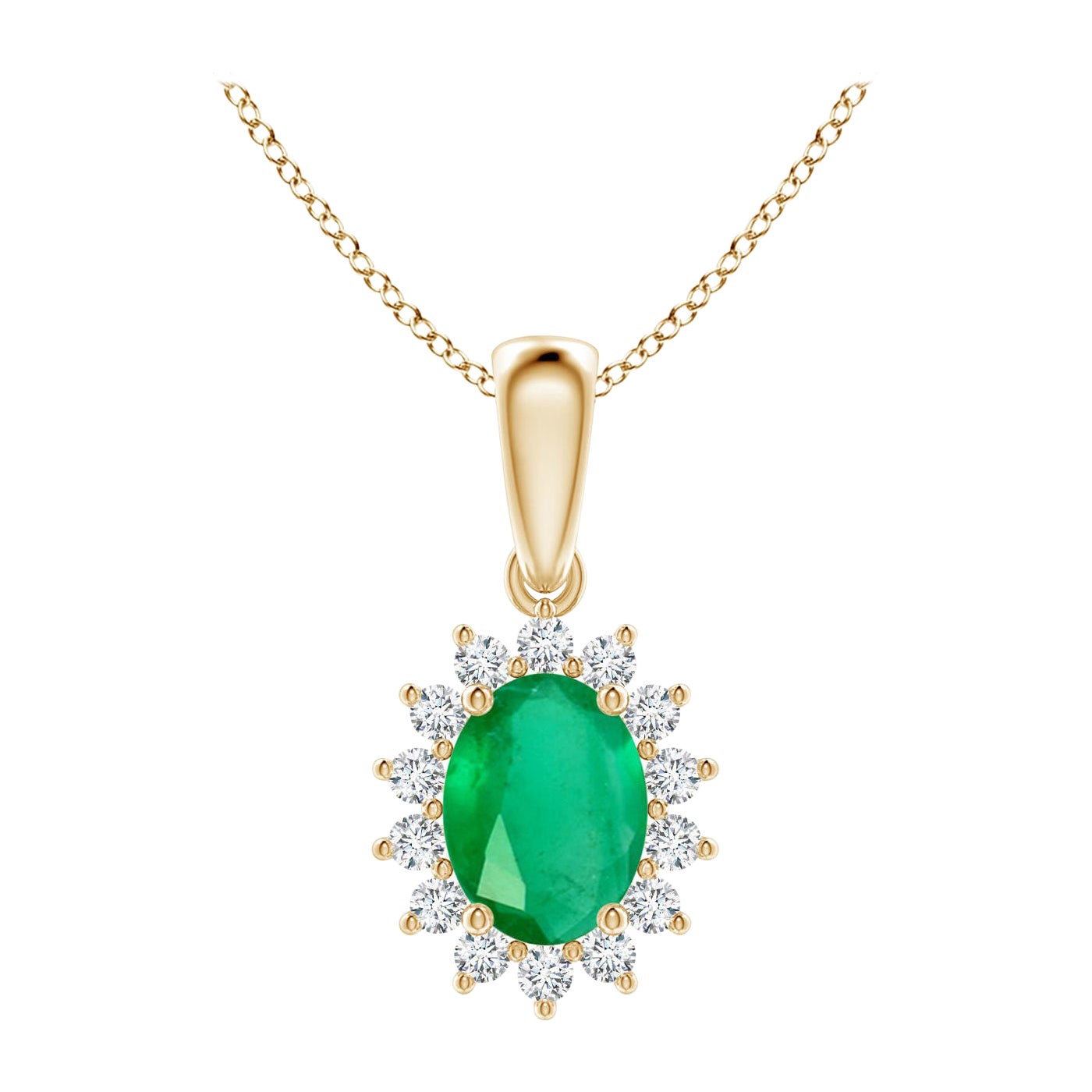 Natural Oval 1.1 ct Emerald Pendant with Diamond Halo in 18K Yellow Gold For Sale