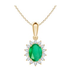 Natural Oval 1.1 ct Emerald Pendant with Diamond Halo in 18K Yellow Gold
