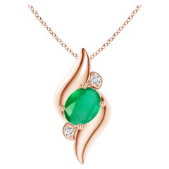 Natural Shell Style Oval 1.1 ct Emerald and Diamond Pendant in 18K Rose Gold