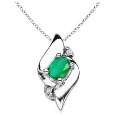 Natural Shell Style Oval Emerald and Diamond Pendant in 18K White Gold