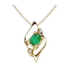 Natural Shell Style Oval Emerald and Diamond Pendant in 14K Yellow Gold