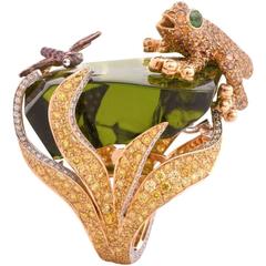 Rare French Peridot Fancy Vivid Yellow Diamond Gold Cocktail Ring