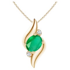Natural Shell Style Oval 2.25 ct Emerald and Diamond Pendant in 18K Yellow Gold