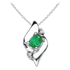 Natural Shell Style Oval Emerald and Diamond Pendant in 14K White Gold