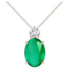 Natural Oval 7.25 ct Emerald Solitaire Pendant with Diamond in 14K Rose Gold