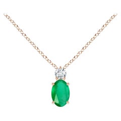 Natural Oval Emerald Solitaire Pendant with Diamond in 14K Rose Gold
