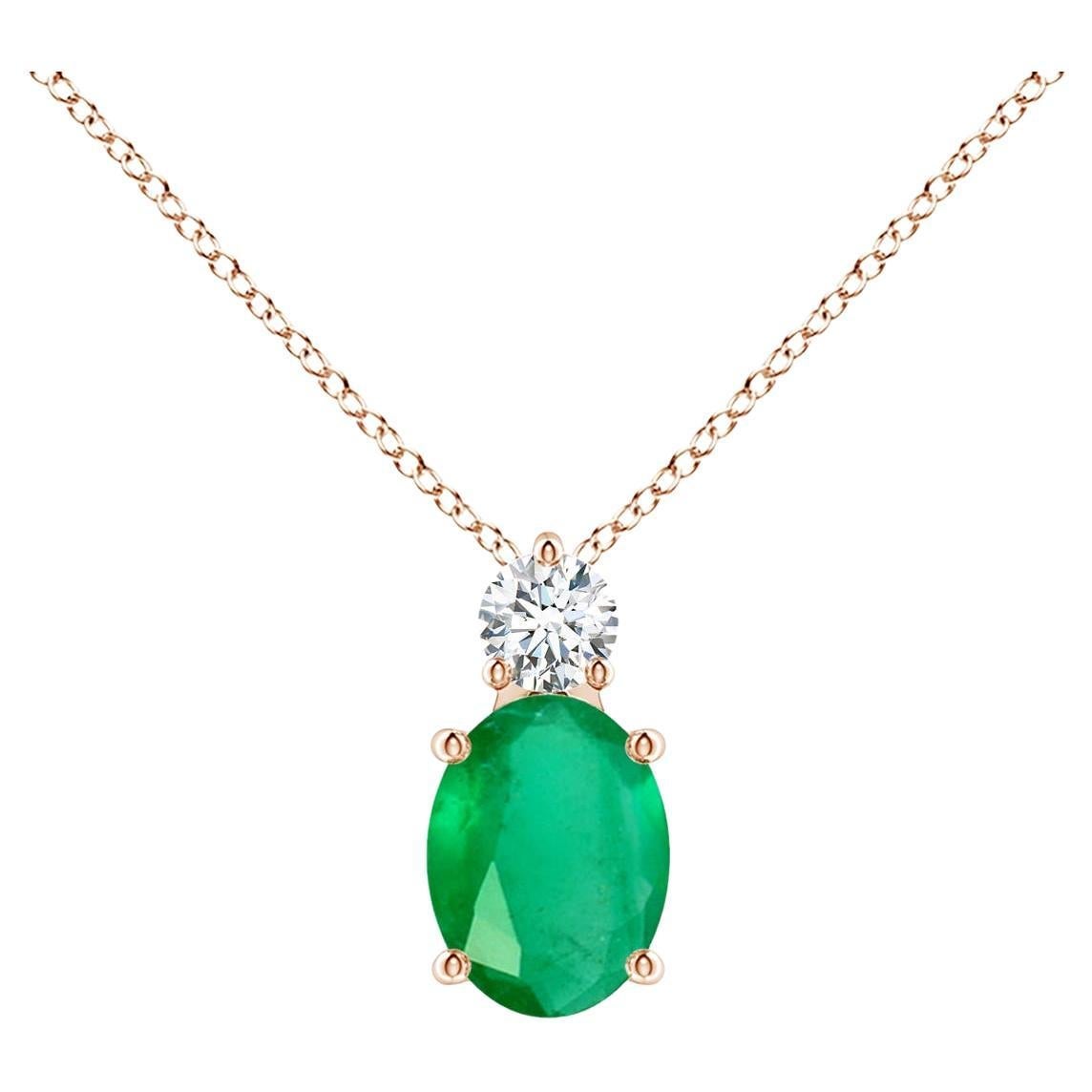 Natural Oval 1.1 ct Emerald Solitaire Pendant with Diamond in 14K Rose Gold