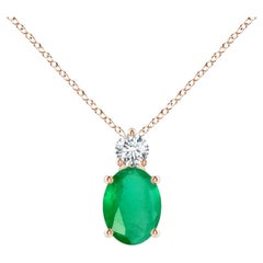 Natural Oval 1.1 ct Emerald Solitaire Pendant with Diamond in 14K Rose Gold