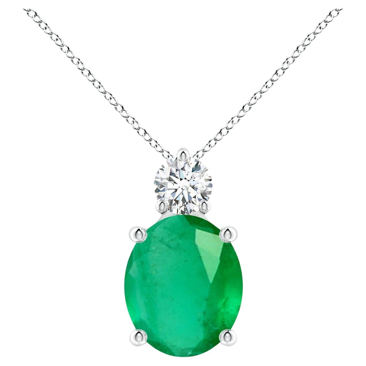 Natural Oval 4.75 ct Emerald Solitaire Pendant with Diamond in Platinum For Sale