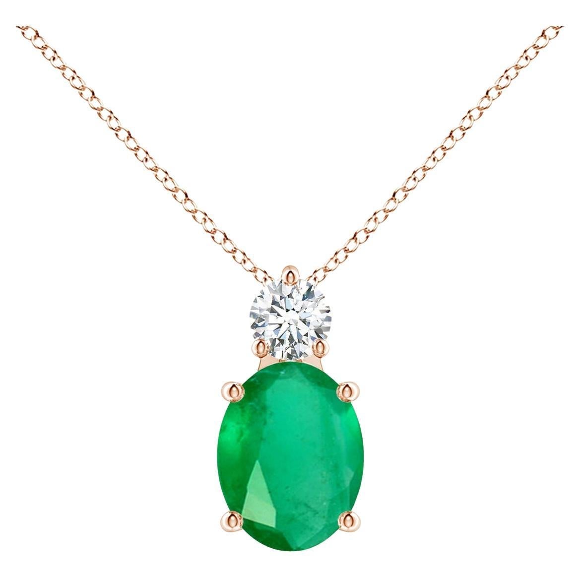 Natural Oval 1.5 ct Emerald Solitaire Pendant with Diamond in 14K Rose Gold