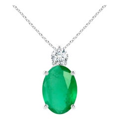 Natural Oval 7.25 ct Emerald Solitaire Pendant with Diamond in Platinum