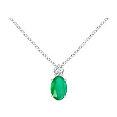 Natural Oval Emerald Solitaire Pendant with Diamond in Platinum