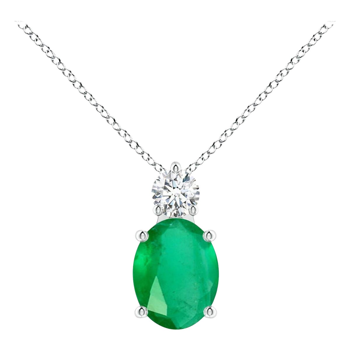 Natural Oval 1.5 ct Emerald Solitaire Pendant with Diamond in Platinum