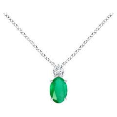 Natural Oval Emerald Solitaire Pendant with Diamond in 14K White Gold