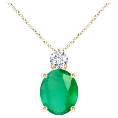 Natural Oval 4.75 ct Emerald Solitaire Pendant with Diamond in 14K Yellow Gold