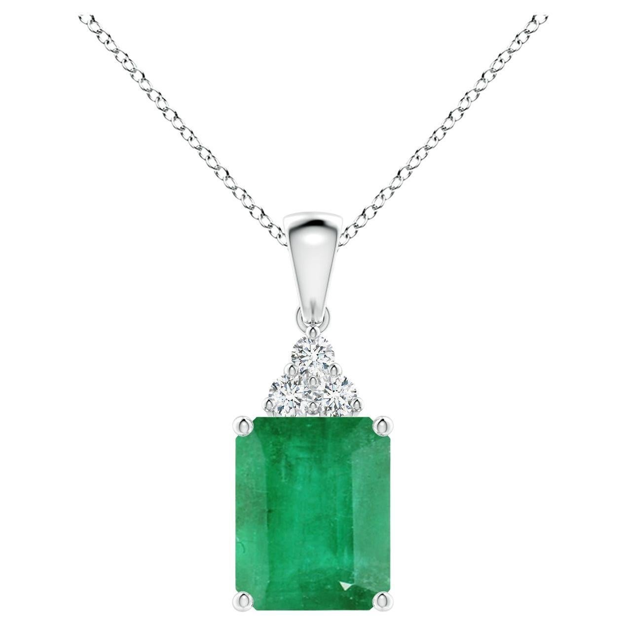 Natural Emerald-Cut Emerald Pendant with Diamond Trio in Platinum