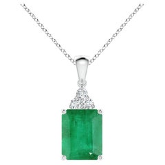 Natural Emerald-Cut Emerald Pendant with Diamond Trio in Platinum