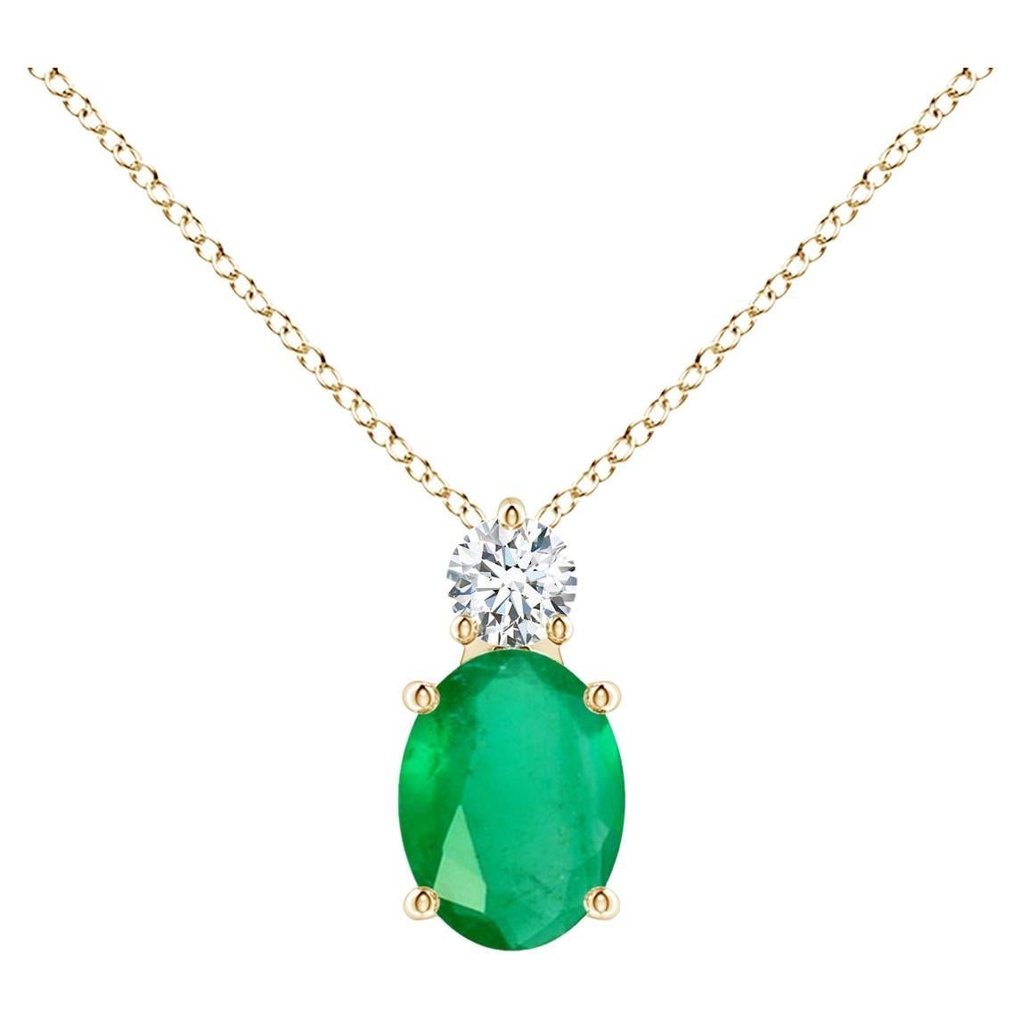 Natural Oval 1.1 ct Emerald Solitaire Pendant with Diamond in 14K Yellow Gold