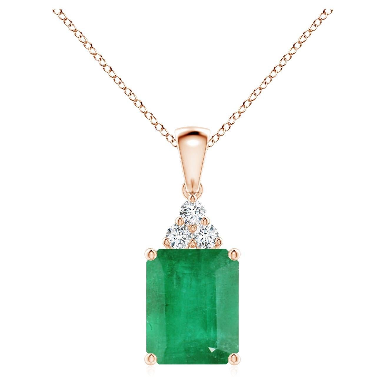 Natural Emerald-Cut Emerald Pendant with Diamond Trio in 18K Rose Gold