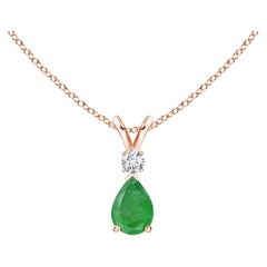 Natural Emerald Teardrop Pendant with Diamond in 18K Rose Gold