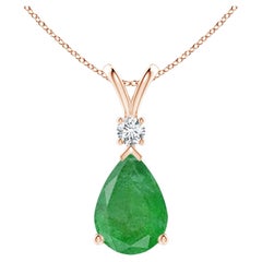 Natural 6.6 ct Emerald Teardrop Pendant with Diamond in 14K Rose Gold