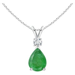 Natural Emerald Teardrop Pendant with Diamond in 925 Sterling Silver