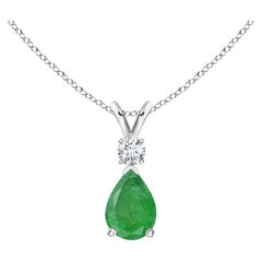 Pendentif en forme de goutte d'émeraude naturelle avec diamant en or blanc 14K