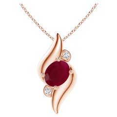 Natural Shell Style Oval 1.25 ct Ruby and Diamond Pendant in 14K Rose Gold