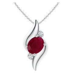 Natural Shell Style Oval 3.3 ct Ruby and Diamond Pendant in 14K White Gold